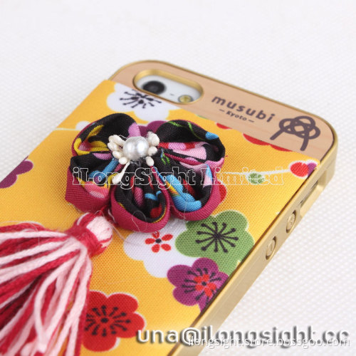 Musubi Kyoto Pink Flower Tassels red Cloth Coated 2 in 1 Hard Shell for iphone 5/5S